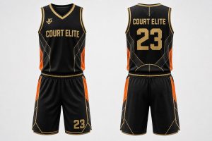 Black gold and orange custom digital print basketball uniform with matching shorts