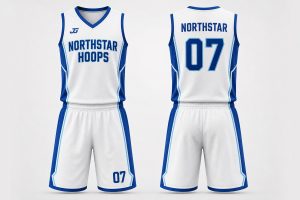 White royal blue and aqua blue custom digital print basketball uniform with matching shorts