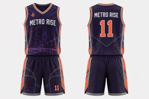 Deep violet charcoal and coral orange custom digital print basketball uniform with matching shorts