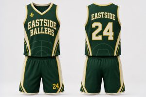 Forest green warm cream and bright yellow custom digital print basketball uniform with matching shorts