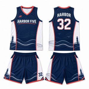 Navy blue white and coral red custom digital print basketball uniform with matching shorts