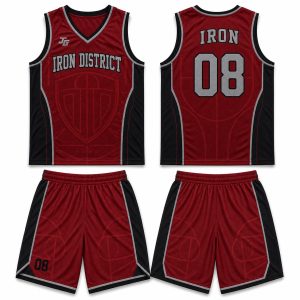 Deep crimson black and silver gray custom digital print basketball uniform with matching shorts