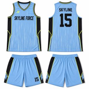 Ice blue black and fluorescent lime custom digital print basketball uniform with matching shorts