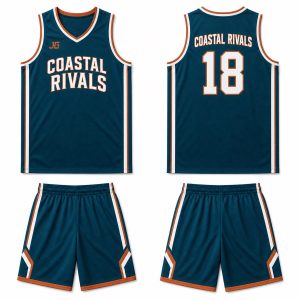 Deep teal copper orange and white custom digital print basketball uniform with matching shorts
