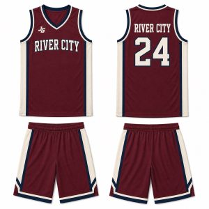 Rich maroon cream white and deep navy custom digital print basketball uniform with matching shorts