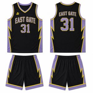 Matte black icy violet and electric yellow custom digital print basketball uniform with matching shorts