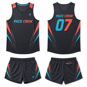 Graphite cyan and coral custom digital print running singlet and shorts