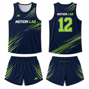 Deep navy vivid lime and white custom digital print running singlet and shorts