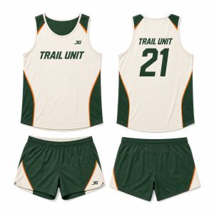 Off-white forest green and bright orange custom digital print running singlet and shorts