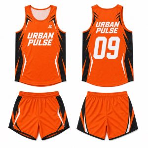 Vivid orange matte black and white custom digital print running singlet and shorts