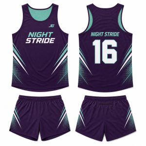 Deep plum mint teal and white custom digital print running singlet and shorts