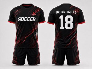 Black red and white custom digital print soccer kit