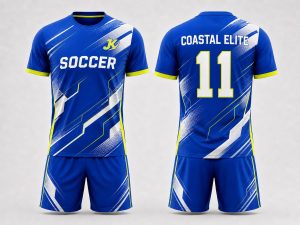 Royal blue white and neon yellow custom digital print soccer kit