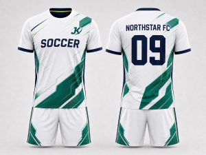 White emerald green and navy custom digital print soccer kit