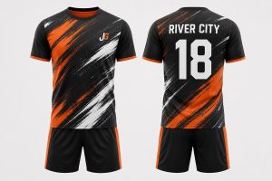 Black and orange custom digital print soccer kit with matching shorts