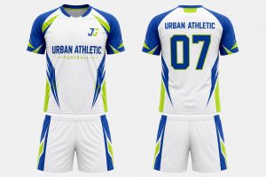 White royal blue and lime green custom digital print soccer kit with matching shorts