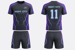 Charcoal purple and icy blue custom digital print soccer kit with matching shorts