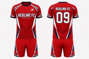Red white and navy custom digital print soccer kit with matching shorts