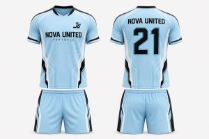 Icy blue white and black custom digital print soccer kit with matching shorts