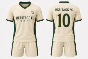 Cream forest green and antique gold classic custom soccer kit with matching shorts