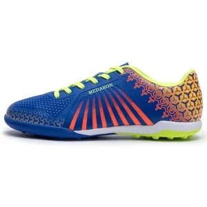 MEDARON M-720 turf soccer shoes in blue orange and lime side view