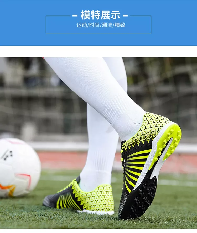 MEDARON M-720 black and lime turf soccer shoes shown in a bilingual model display