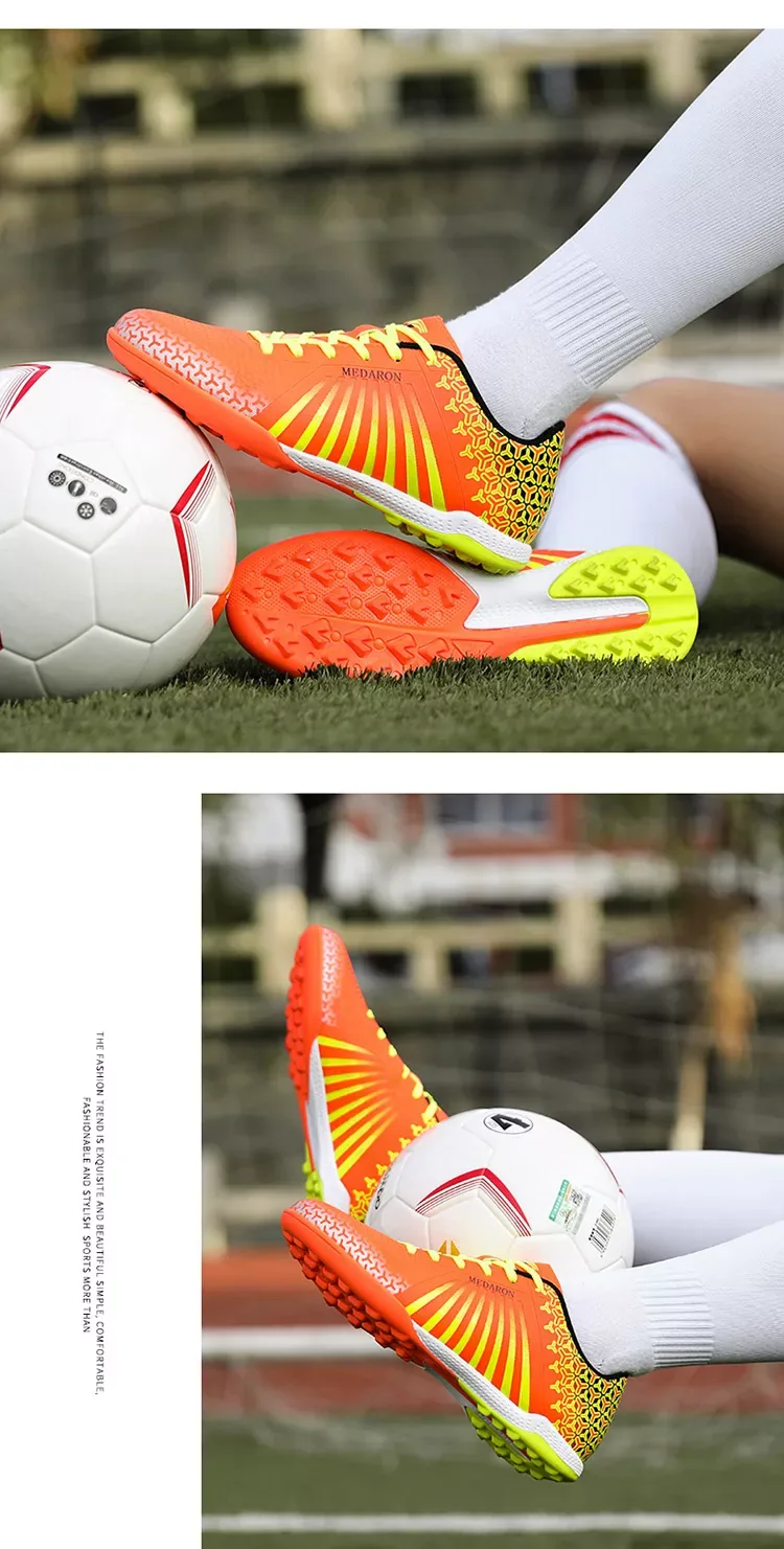 MEDARON M-720 orange and lime turf soccer shoes shown in football lifestyle scenes