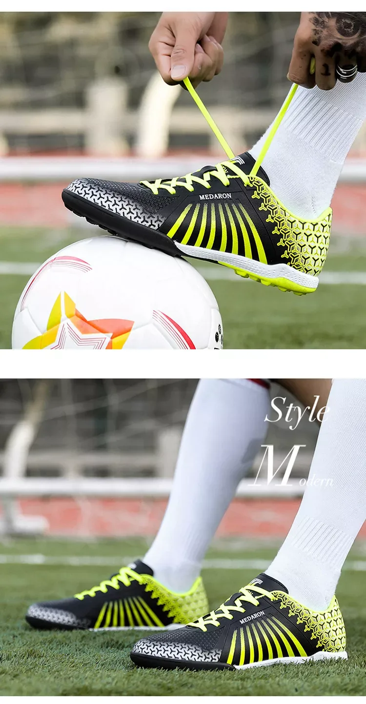 MEDARON M-720 black and lime turf soccer shoes shown in football training scenes