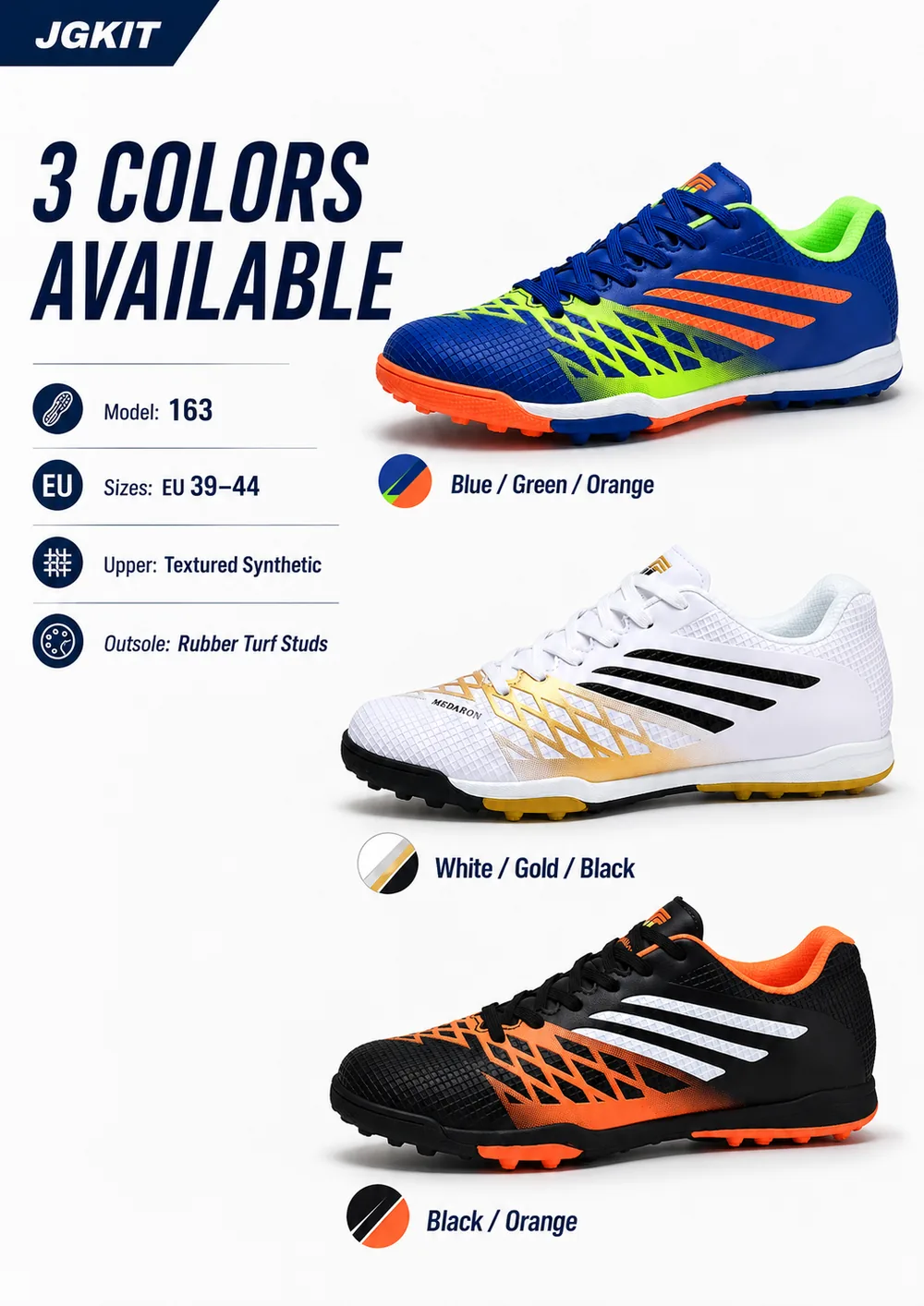 Three available color options for MEDARON Model 163 turf soccer shoes