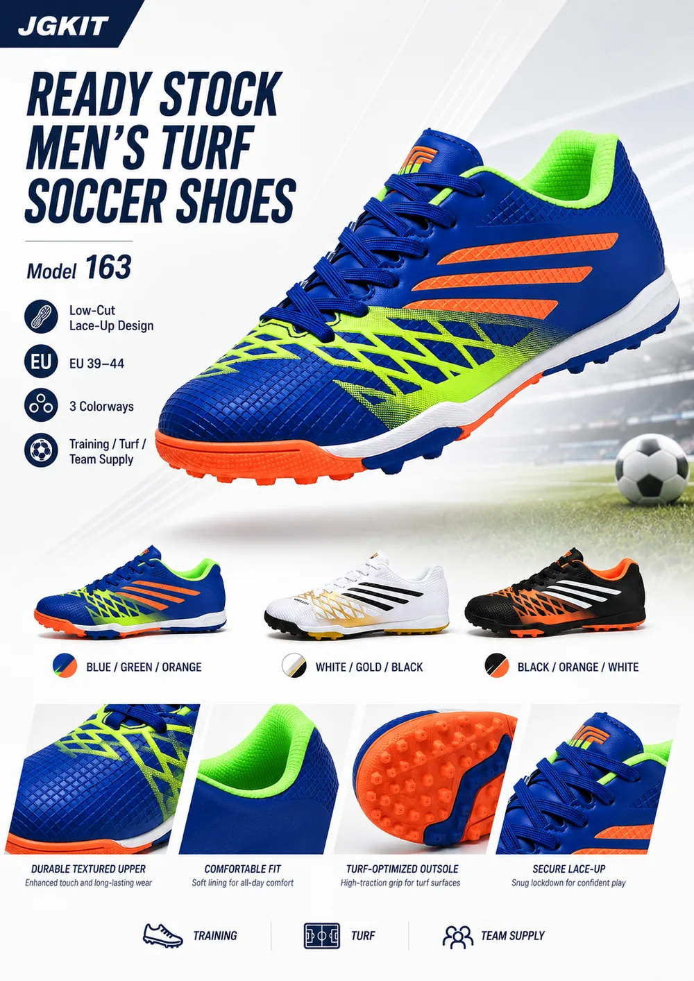 JGKIT product overview for MEDARON Model 163 ready stock turf soccer shoes