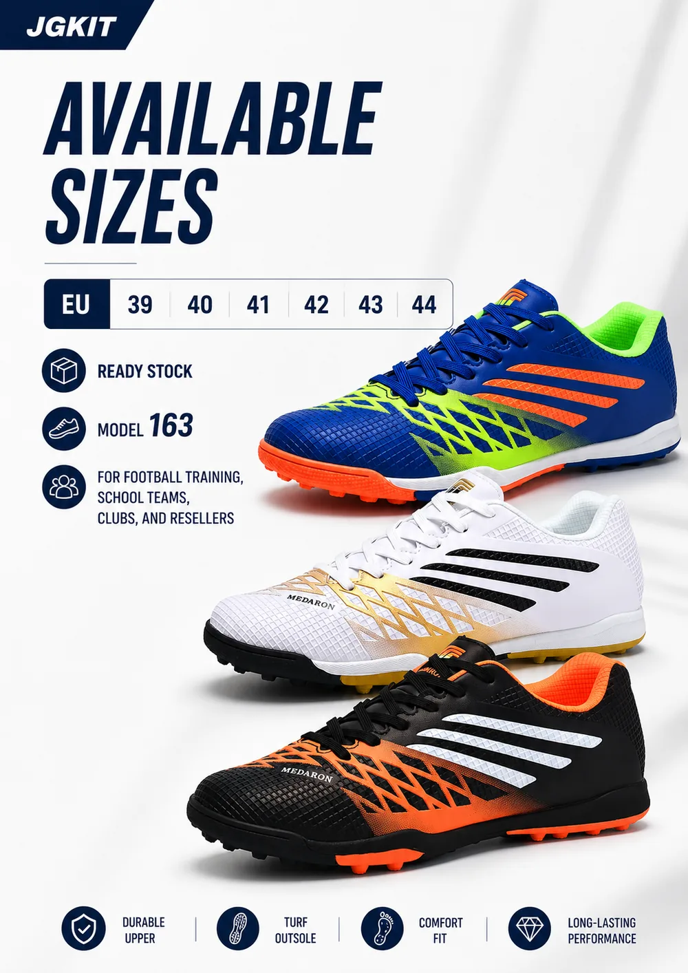 Available EU sizes 39 to 44 for MEDARON Model 163 turf soccer shoes