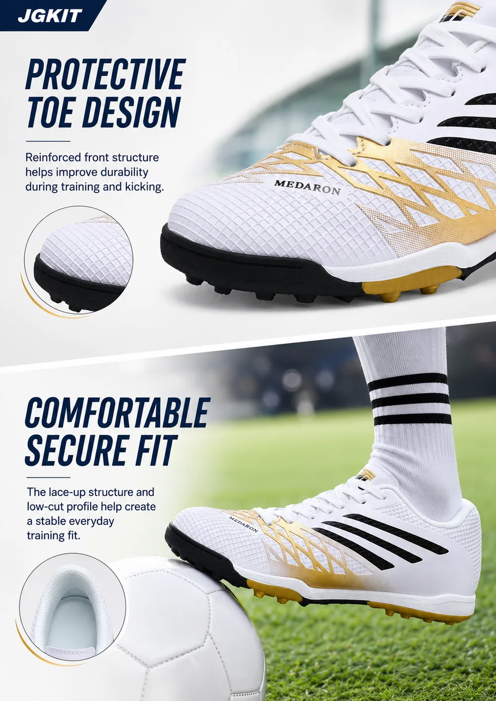 Toe structure and lace-up fit details of MEDARON Model 163 turf soccer shoes