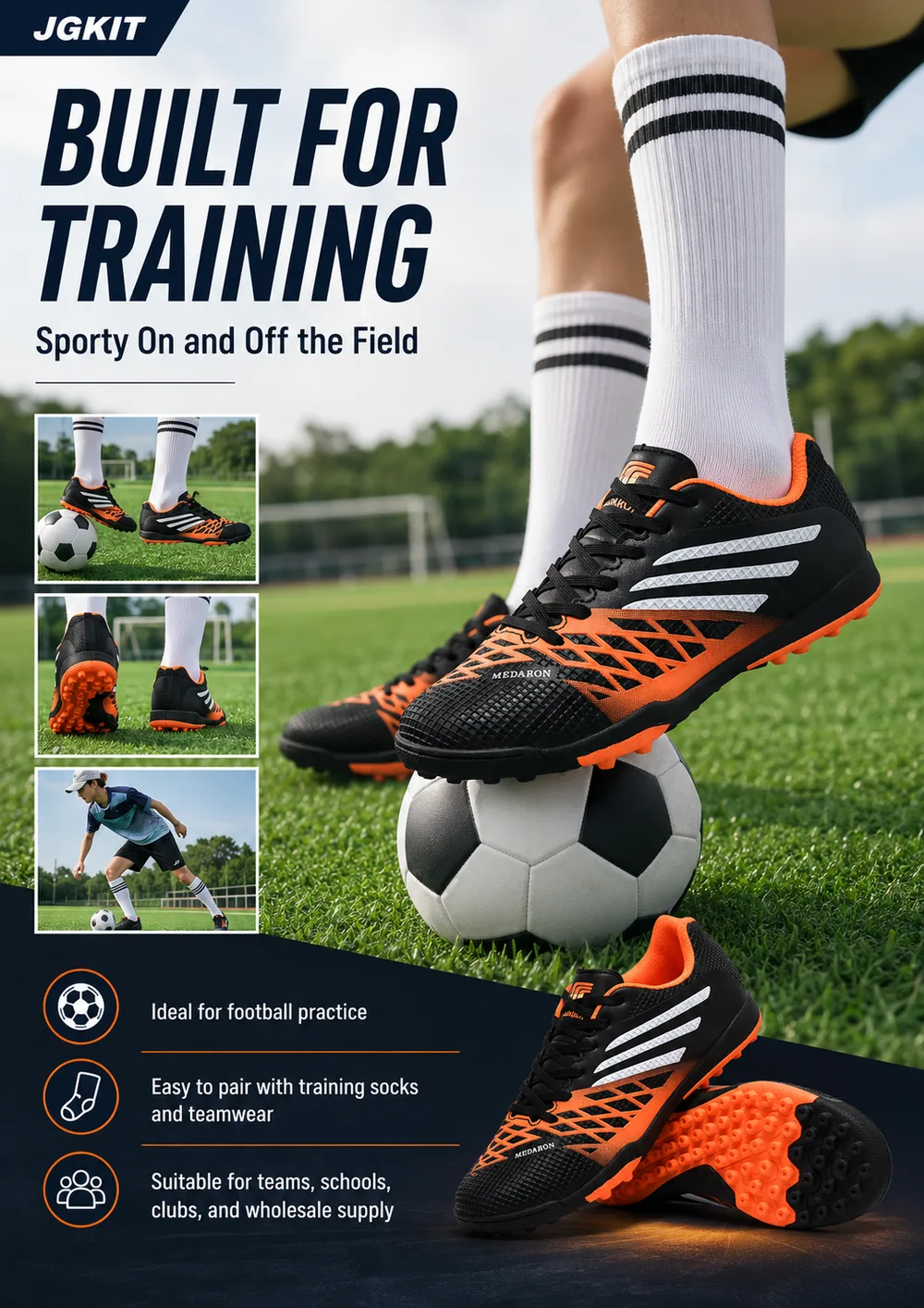 MEDARON Model 163 turf soccer shoes shown for football training use