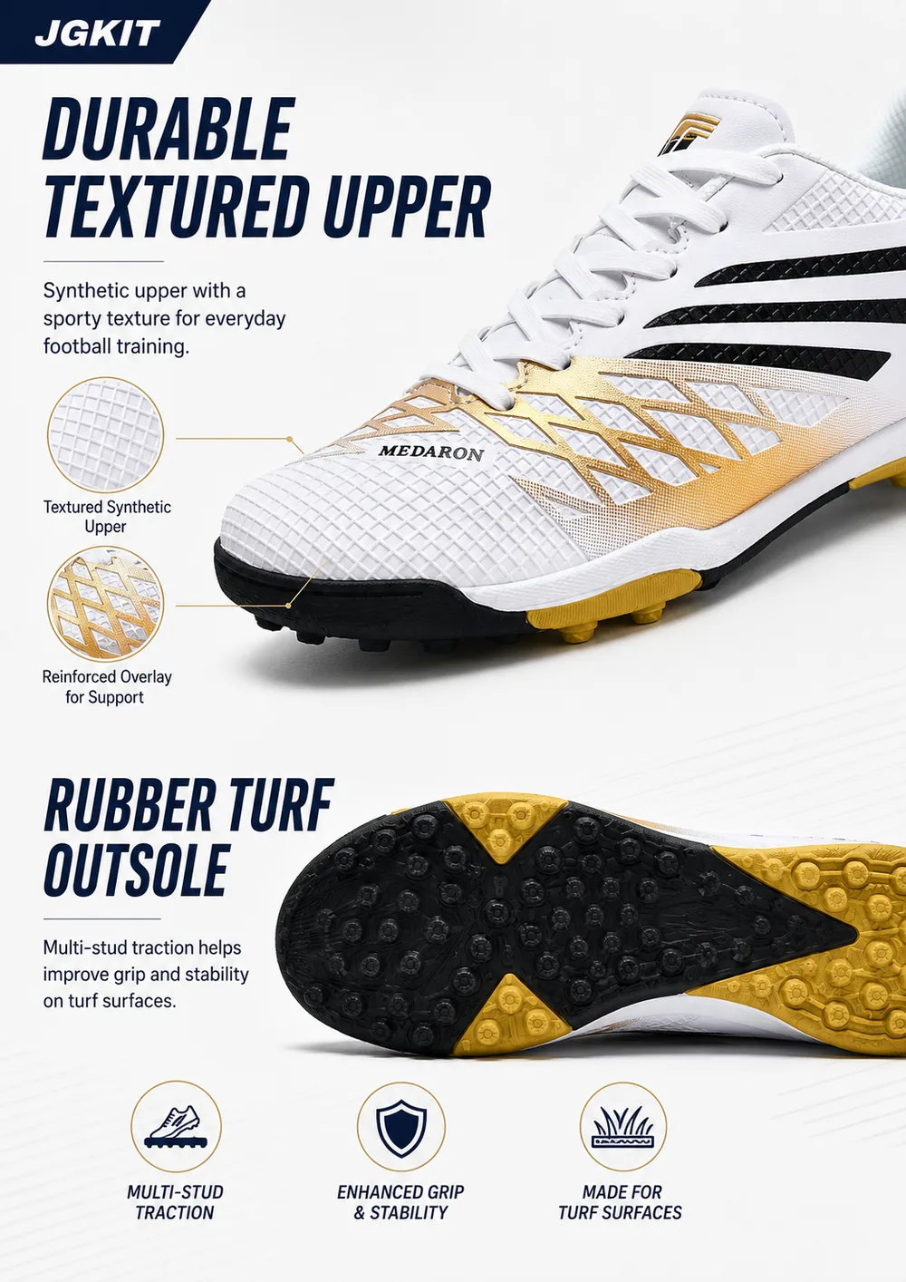 Textured synthetic upper and rubber turf outsole of MEDARON Model 163 soccer shoes