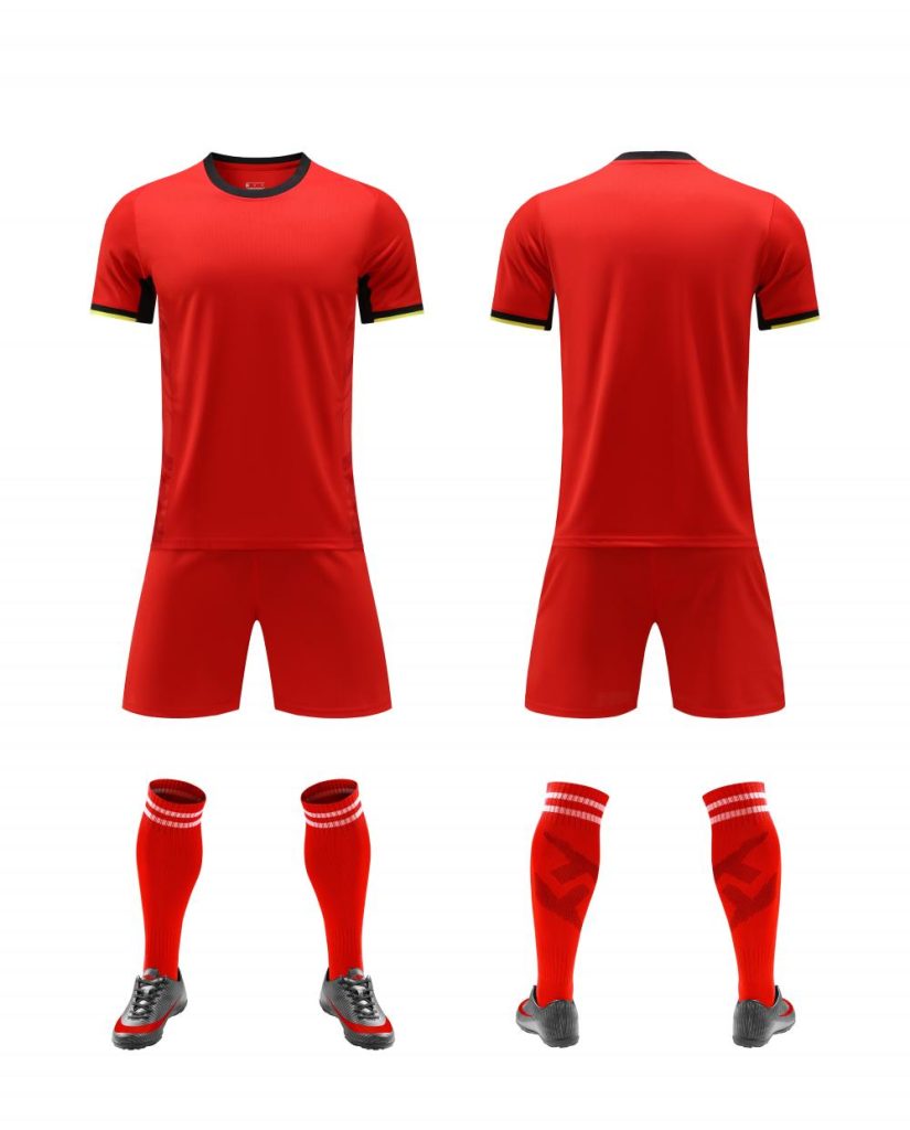 Solid Red Soccer Uniform Set with Black Trim for Custom Teams