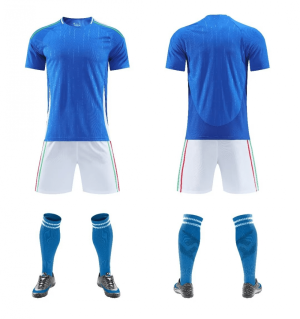 Blue and white blank soccer kit with multicolor side trim, front and back