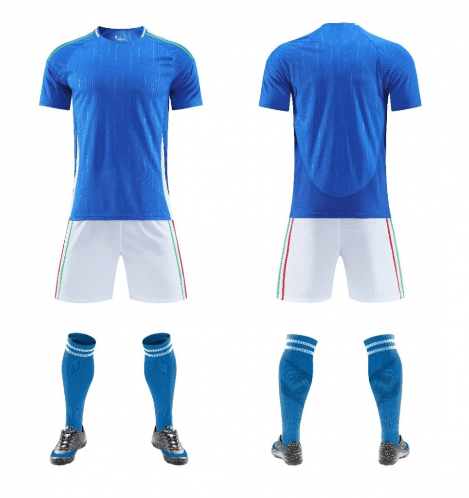 Blue and White Blank Soccer Kit with Multicolor Side Trim – Style 4478104