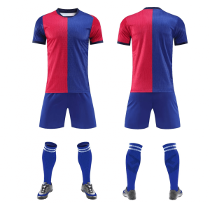 Red and royal blue split-panel blank soccer kit, front and back