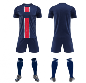Navy blank soccer kit with red center stripe, front and back