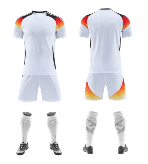 White blank soccer kit with orange and yellow accents, front and back