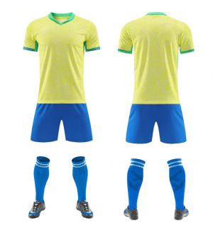 Neon yellow and blue blank soccer kit with green trim, front and back