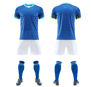 Blue fine-stripe blank soccer kit with white shorts, front and back