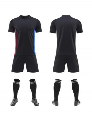Black blank soccer kit with red and blue side panels, front and back