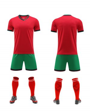 Red and green blank soccer jersey set with black trim, front and back