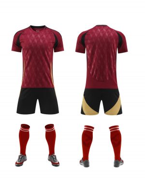 Burgundy geometric blank soccer kit with black shorts, front and back
