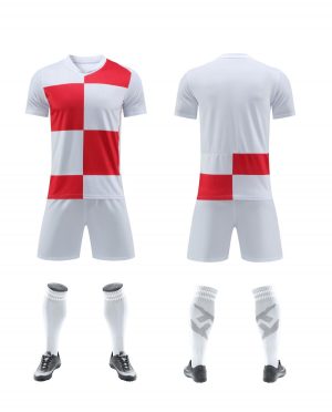 White and red block-stripe blank soccer kit, front and back