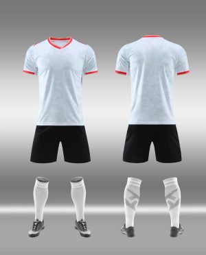 White and black blank soccer jersey set with red trim, front and back