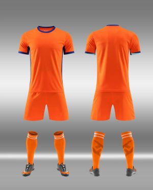 Orange blank soccer kit with navy trim, front and back