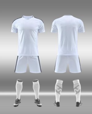 White and gray blank soccer kit with side trim, front and back
