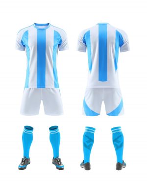 Sky blue and white vertical-stripe blank soccer kit, front and back